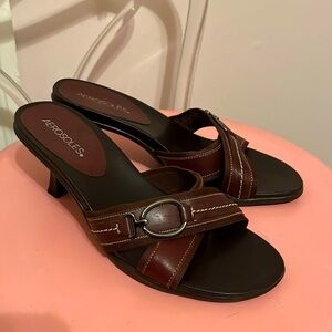 Brown leather Aerosoles sandals with 2.5” heel.